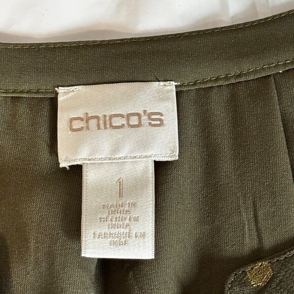 Chico's Green Gold Polka Dot Boho Blouse Embroidered Floral Details Size 1/Small - Picture 3 of 9